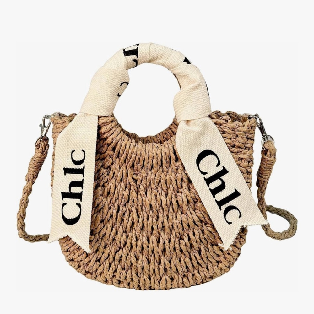Chic Straw Woven Tote Bag with Ivory Ribbon Handle